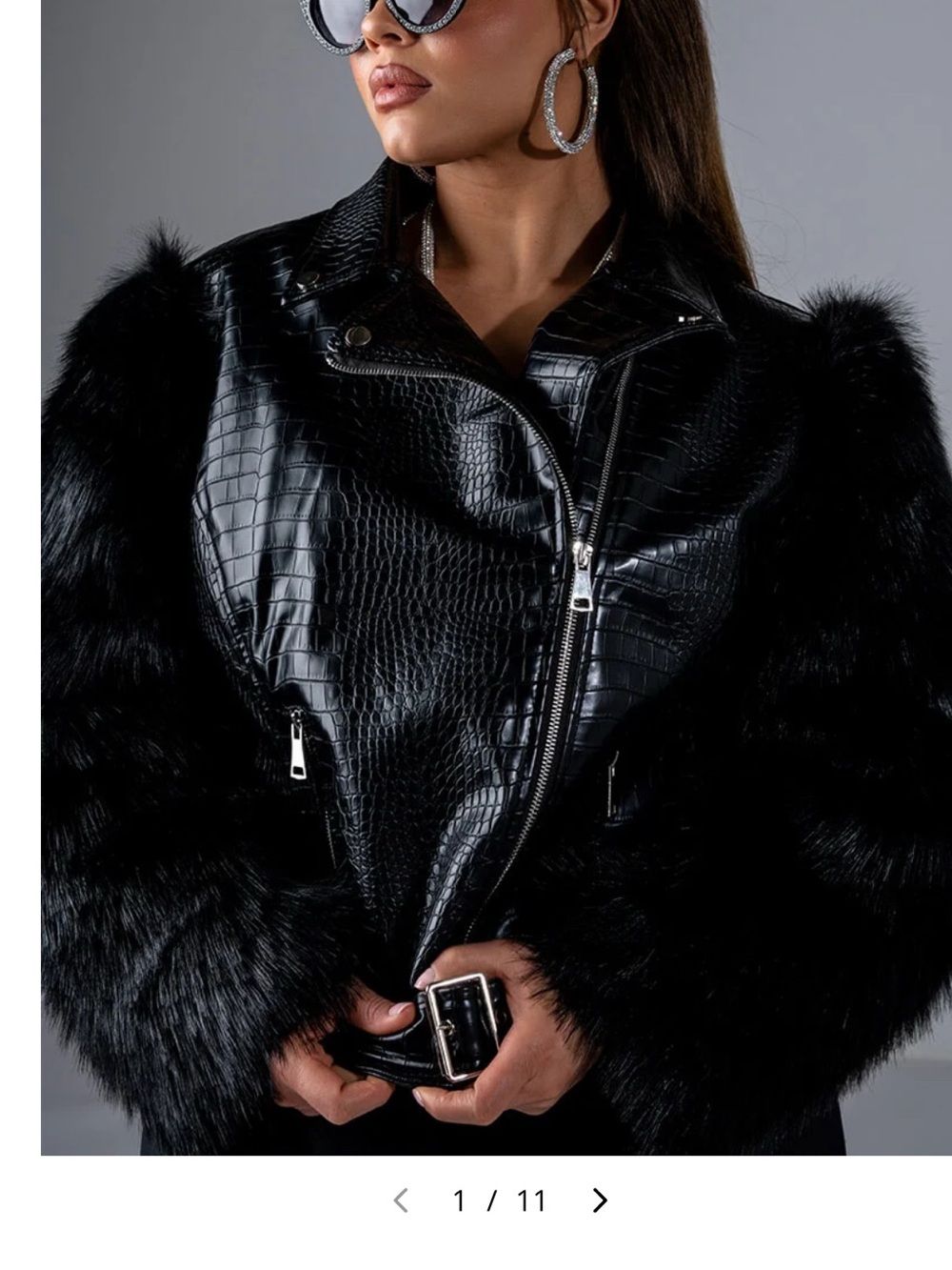 Croc-Textured Black Faux Leather Jacket with Luxe Faux Fur Sleeves